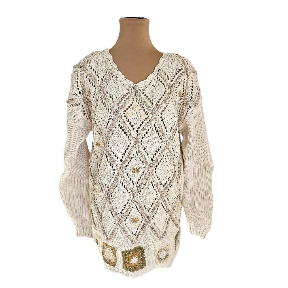 Blueberry Hill Vintage White Knit Floral Pattern Knit Crochet Sweater Sz M